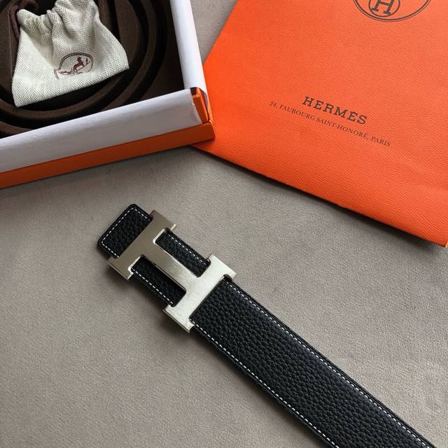 Hermes男款3.8Cm经典精钢h焊点金属扣搭配原版皮粒面 永久的选择