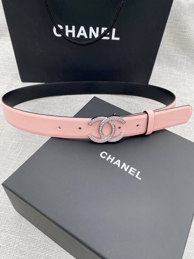 宽度3.0Cm Chanel 香奈儿 两面原版碰纹牛皮搭配钢扣 金 银 色镶钻钢扣