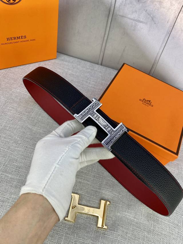 特 Hermes-H Belt Buckle & Reversible Leather Strap 38Mm 爱马仕专柜同步 进口双面小牛皮 精钢精品五金 双面