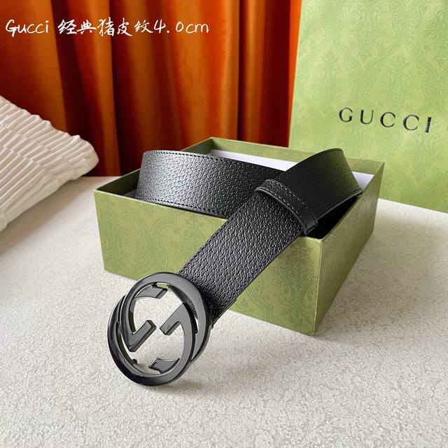 配全套包装礼盒 Gucci古驰奢侈品男款双g带扣经典印花腰带原版pvc皮带 宽度4.0Cm